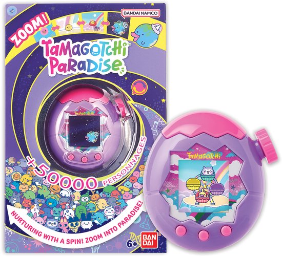 Bandai - Tamagotchi Paradise Sky - Virtueel dier om op te voeden - Tamagotchi met zoomwiel - Interactief speelgoed in het Engels - Paars en roze Sky Model - Kinderspeelgoed 6 jaar oud en + - 43423
