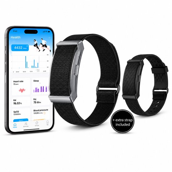 Un téléphone affiche un tableau de bord d'application de santé. Un tracker d'activité noir avec bracelet en tissu et un bracelet supplémentaire en silicone noir.