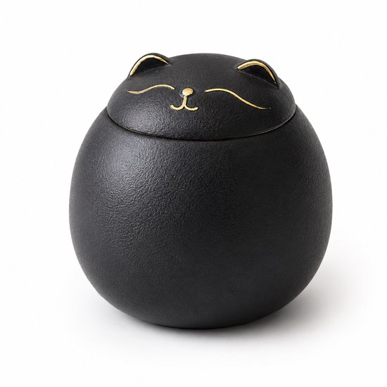 Zwarte, ronde urn met een mat oppervlak en een deksel in de vorm van een slapende kat met gouden oren en gezicht.