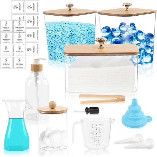 Set van 6 Opbergcontainers voor Wasmiddel met Labels, Duidelijke Acryl Potten met Bamboe Deksel voor Waspoeder en Wascapsules, Ideaal voor Badkamer en Wasruimte