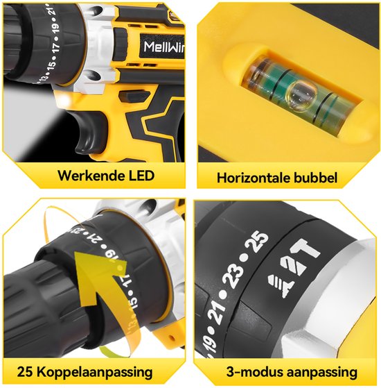 Close-ups van MellWin boormachine: LED-lampje, waterpas, 25 koppelingen en 3 standen.