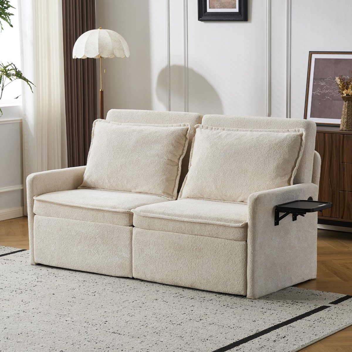KOMHTOM Slaapbank met kussens - USB - Chenille Beige - 3-in-1 bank met verstelbare rugleuning en opbergruimte