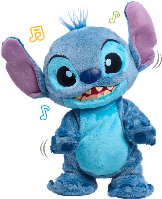 Dansende blauwe Stitch knuffel met grote oren en muzikale noten.