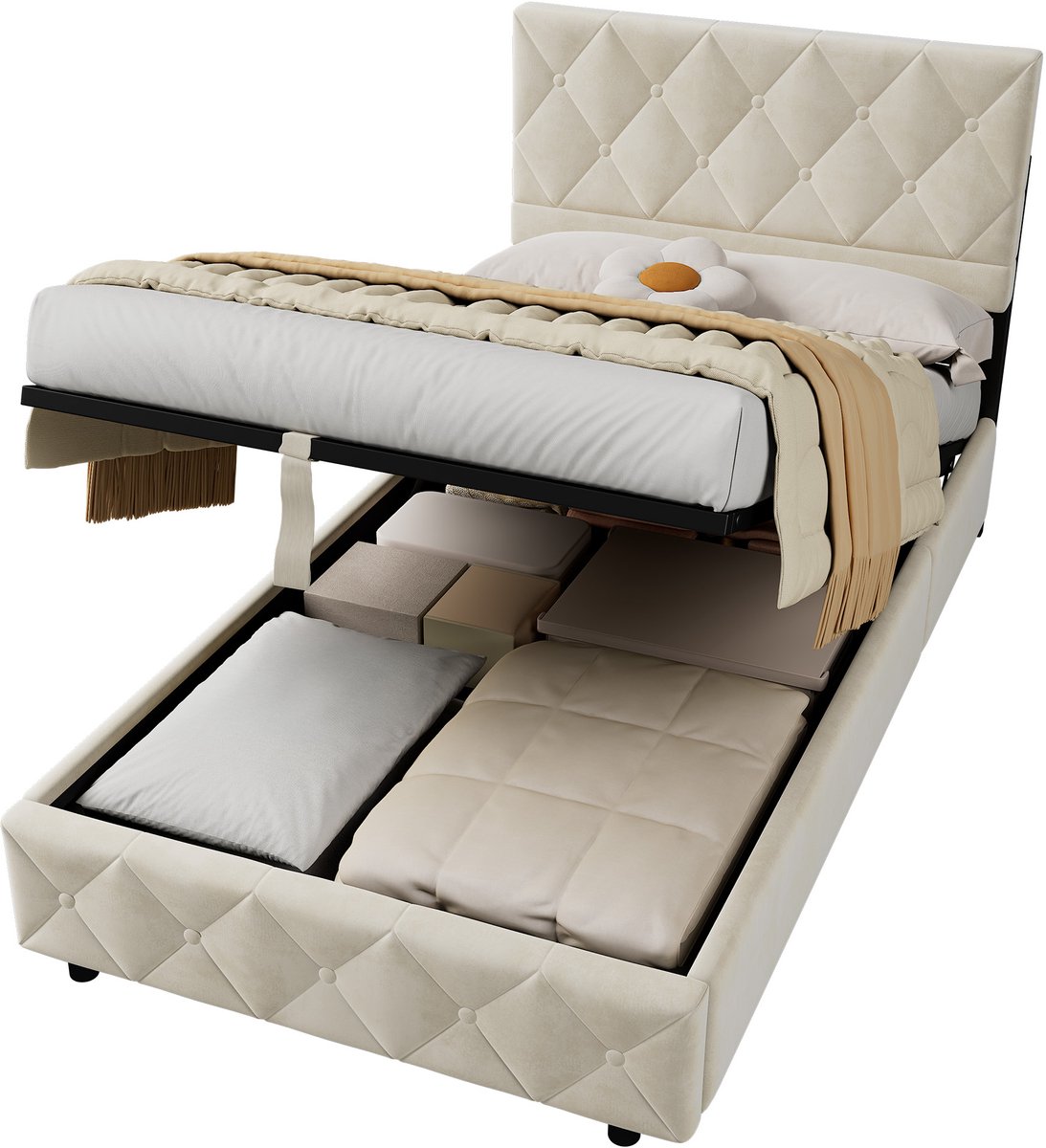 MODFU Eenpersoonsbed 90x190 cm – 194x91x(100-110) cm – Gestoffeerd beige met zacht hoofdbord – Hoog frame met opbergruimte – Fluweel
