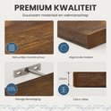 Quadriptique montrant la texture du bois, les coins arrondis, le support et l'épaisseur de la tablette. "PREMIUM KWALITEIT" et "Duurzaam materiaal en vakmanschap".