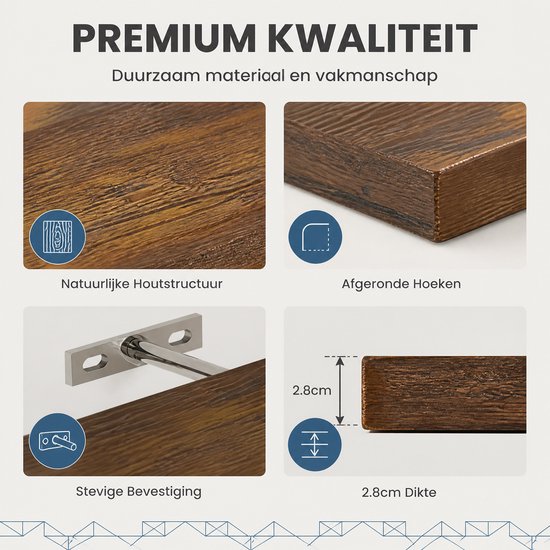 Quadriptique montrant la texture du bois, les coins arrondis, le support et l'épaisseur de la tablette. "PREMIUM KWALITEIT" et "Duurzaam materiaal en vakmanschap".
