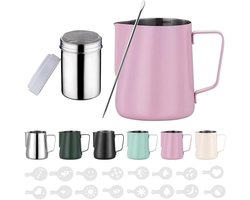 Melkopschuimer RVS - Opschuimkan Barista - Latte Art Maken - Inclusief Sjabloon Set - 600 ml - Rose Rood