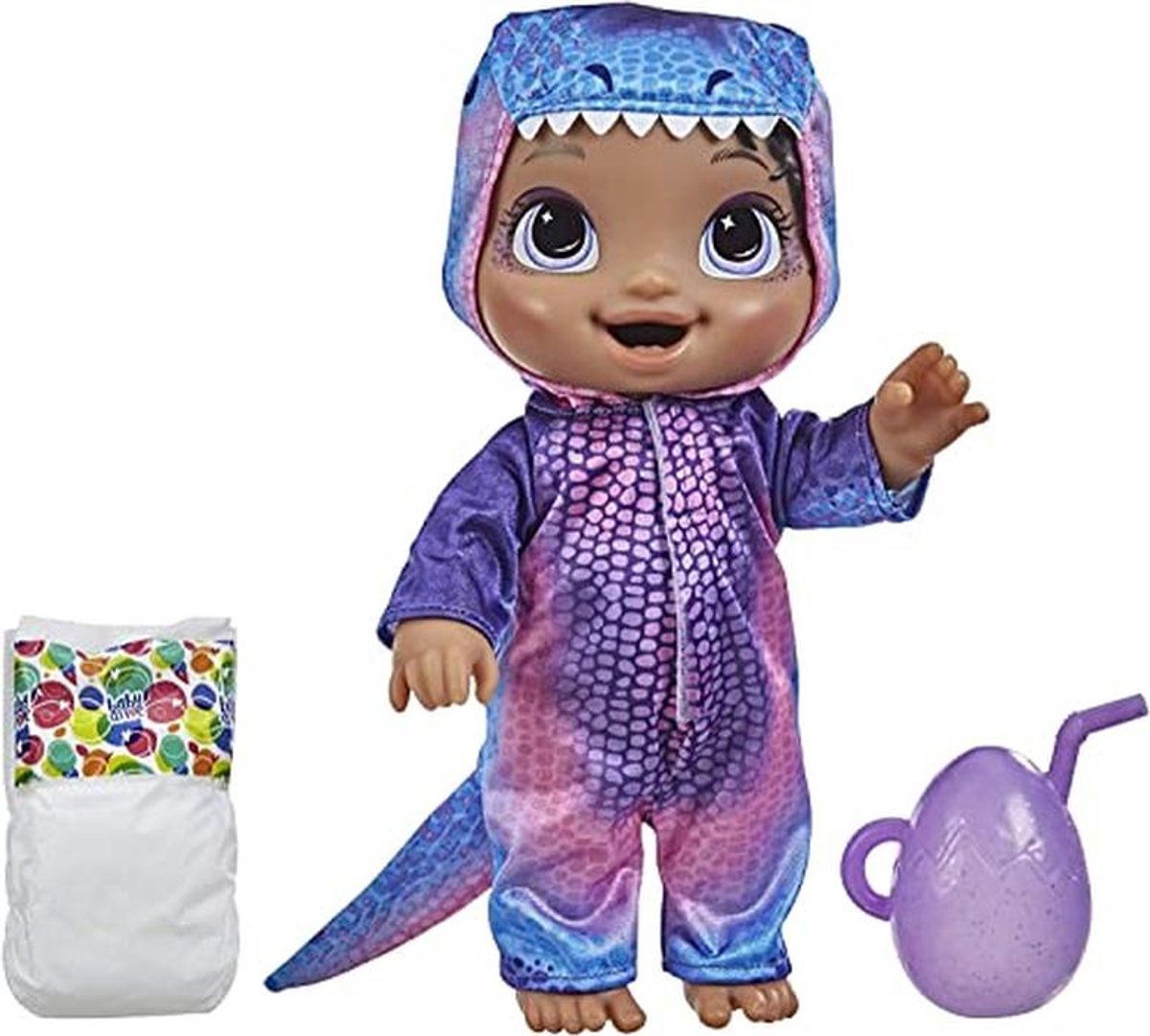 Baby pop - Interactieve pop - Spelen en verzorgen - Draagt dinopakje - 35 cm - Meerdere kleuren