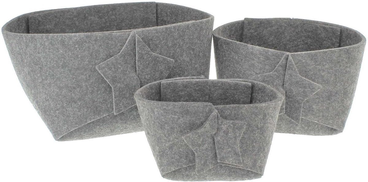 Set van 3 Lichtgrijze Vilten Manden met Sterren - Decoratieve Opbergmanden & Luxe Cadeauverpakking