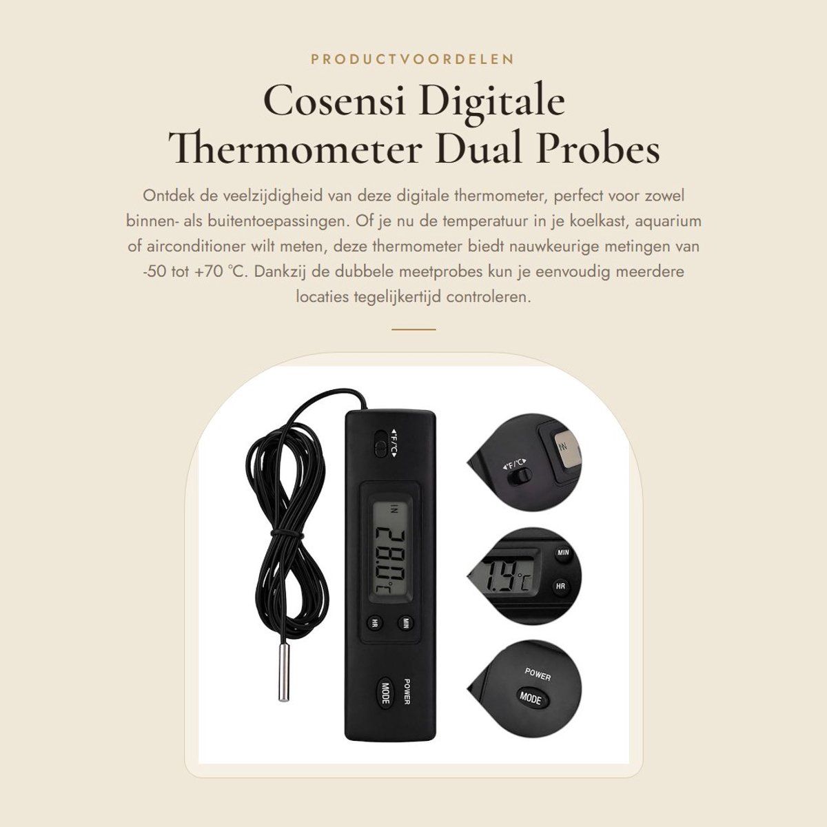 Dailygoods - Digitale Thermometer - Dual Probes - Voor Binnen en Buiten - Zwart - Temperatuurmeting - Geschikt voor Koelkasten, Aquariums, Airco's