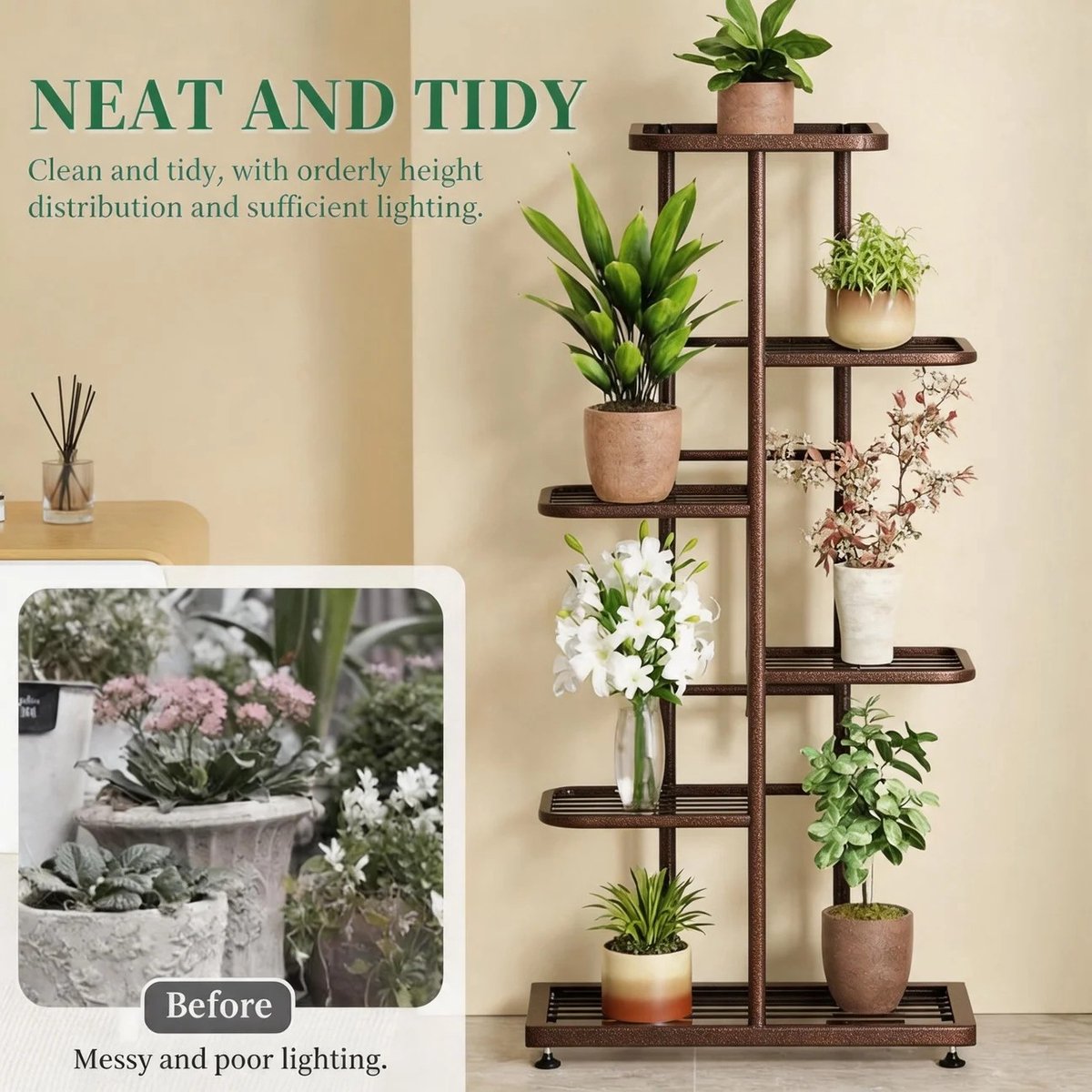 Dailygoods 5-laags houten plantenrek met stevig metalen frame, vintage bloempottenhouder voor binnenplanten, bloemenplan