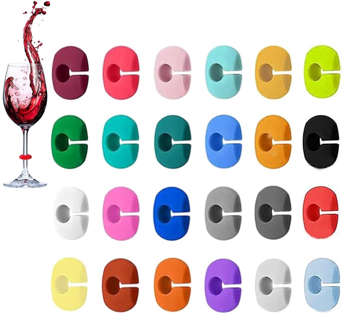 Dailygoods- Glasmarkeerder 24 Kleuren - Siliconen - Herbruikbaar - Drinkglazen - Party-accessoires - Veilig en Duurzaam - Glasmarkering