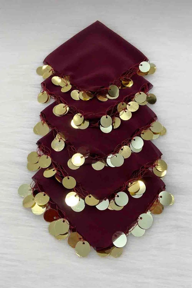 DFA Traditionele Dansdoekjes / Halay Mendili met Goudkleurige Muntjes - Henna Feest Accessoires - BORDEAUXROOD - 10 Stuks