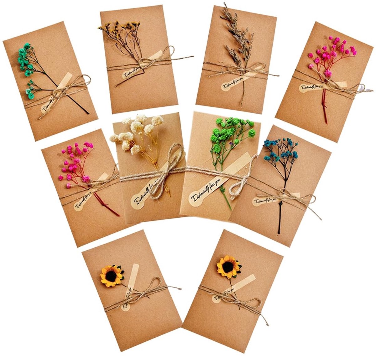 Dailygoods- Wenskaarten Set 10 Stuks - Gedroogde Bloemen - Retro Kraftpapier - 17,5 x 11 cm - Inclusief Envelop - Voor Verjaardag/Kerstmis - Kaartjes
