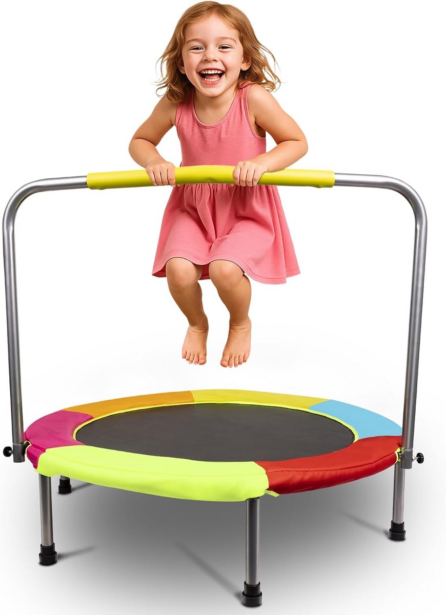 Kinder Trampoline - Binnenshuis Buitenshuis - Actieve Spelletjes - Met Veiligheidsgreep - 92x92x80cm - Kleurrijk