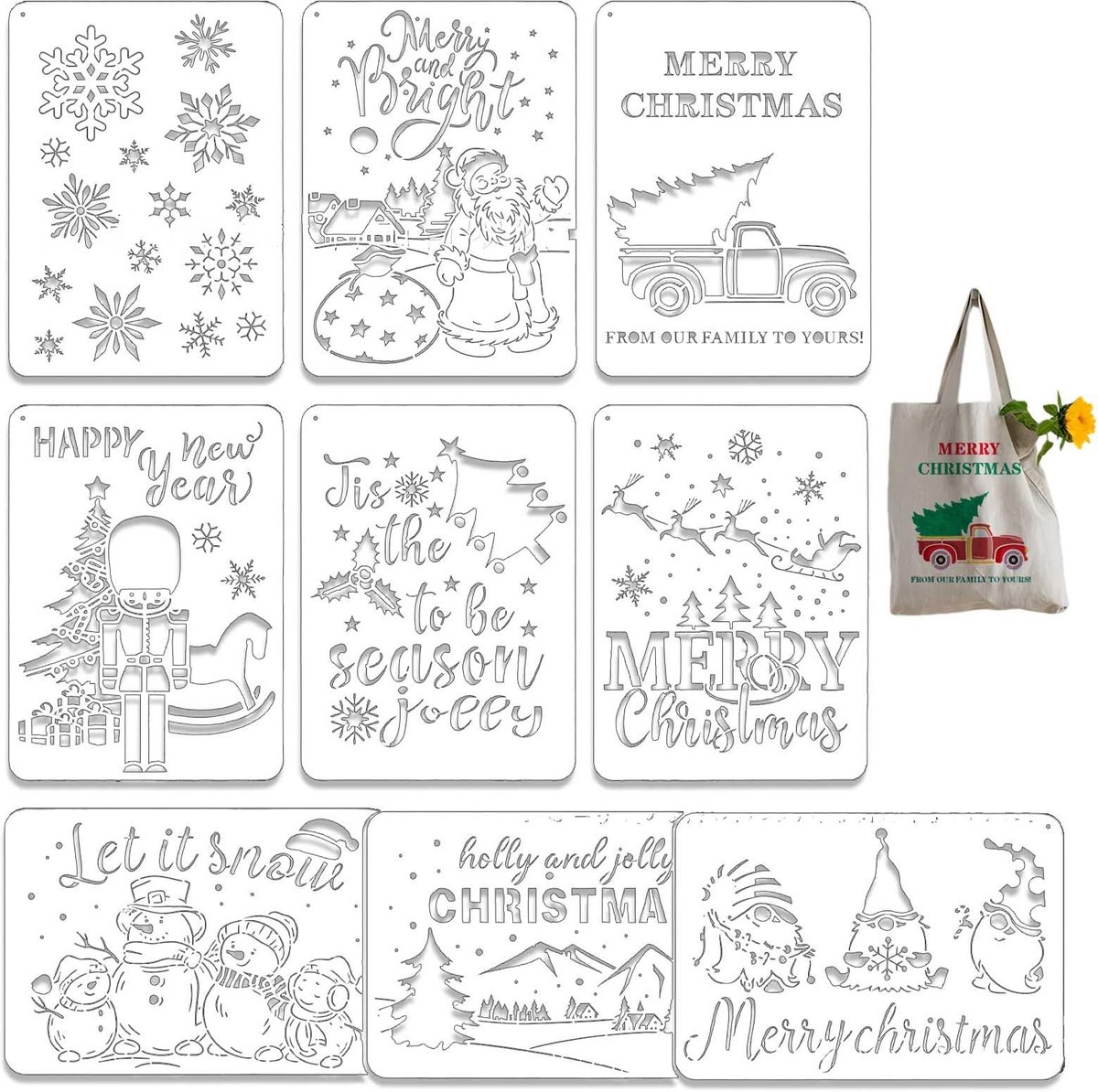 Dailygoods- Kerstsjablonen Set van 9 - Herbruikbare Sjablonen - Sneeuwvlokken/Rendier/Kerstboom - 29,7x21 cm - Flexibel/Duurzaam PET - Creatief Knutselen - Kerstdecoratie