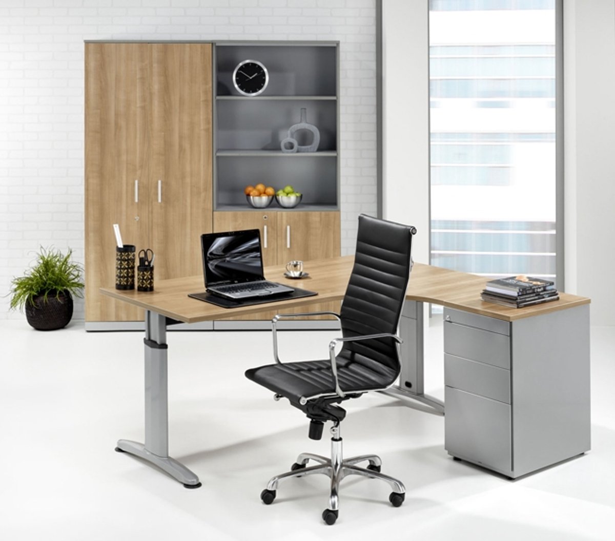 HHV | Hoekbureau T-Model Rechts 160x120cm | Kleurblad: Beuken| Framekleur: Antraciet (RAL 7016)