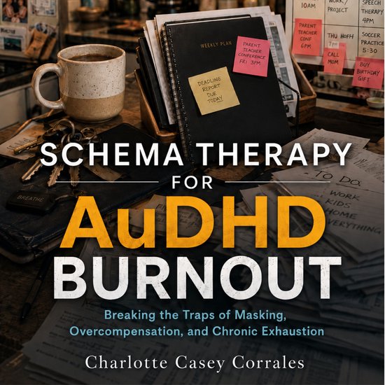 Couverture de livre avec le titre 'SCHEMA THERAPY FOR AuDHD BURNOUT: Breaking the Traps of Masking, Overcompensation, and Chronic Exhaustion' par Charlotte Casey Corrales.