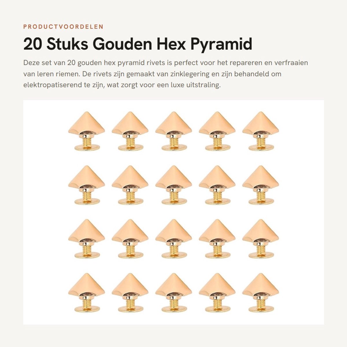 Dailygoods - 20 Stuks Gouden Hex Pyramid Rivets voor Lederen Riemen