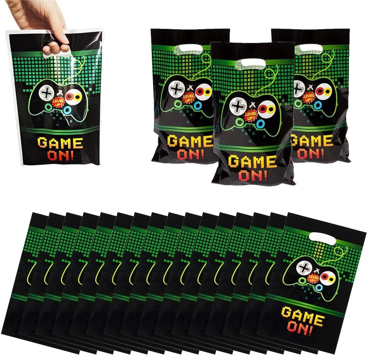 Dailygoods- Geschenkzakjes 20 stuks - Videospelzakjes - Themafeest - Verjaardag - Koekjes/Snoep - Duurzaam kunststof - 25 x 16 cm - Cadeauzakjes