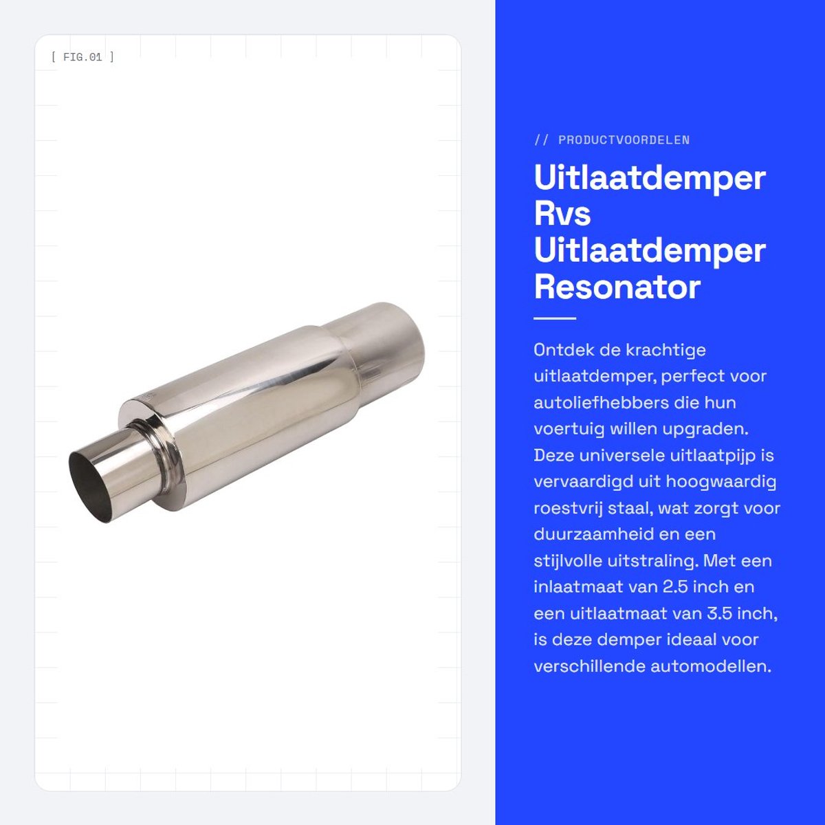 Dailygoods- Uitlaatdemper Universeel - Roestvrij Staal - Inlaat 2.5in - Uitlaat 3.5in - Ronde Staarttrommel - Schokbestendig - Uitlaatpijp