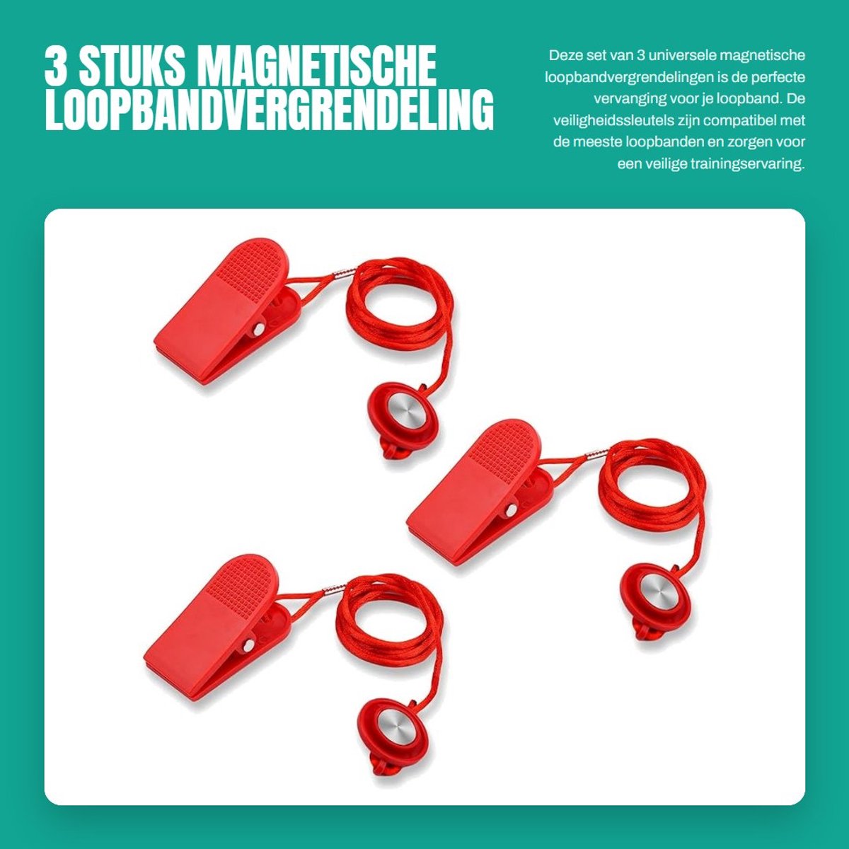 Dailygoods- Loopbandvergrendeling Ronde Veiligheidssleutel - 3x Magnetische Sleutelvervanging - Geschikt voor Meeste Loopbanden - Totale Lengte 105cm - Rood - Plastic/Magneet - Veiligheidsleutel