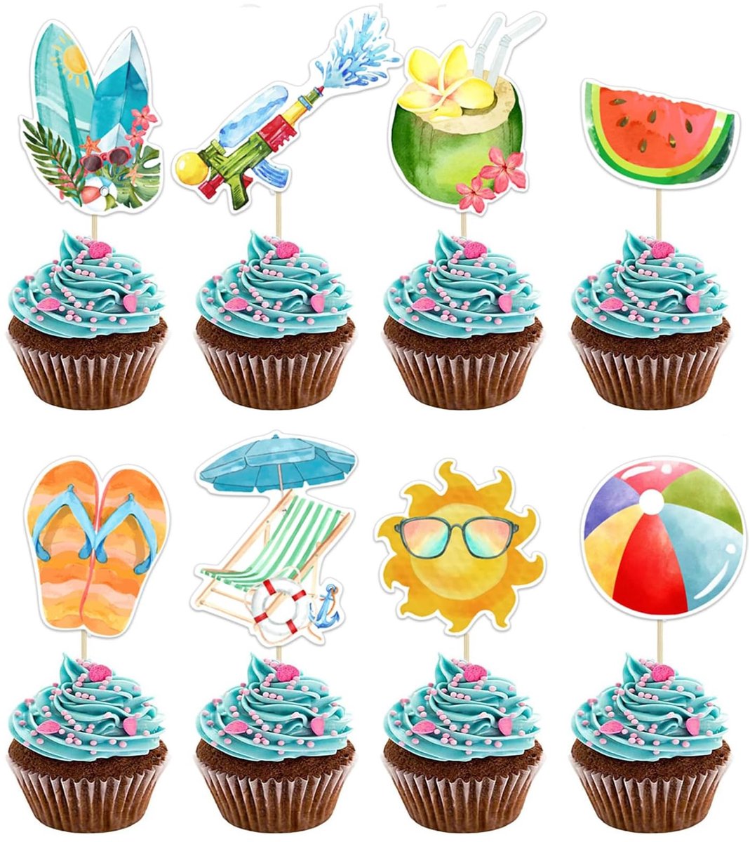 Dailygoods- Cupcake Toppers 40 Stuks - Zomer/Thema - Strand/Verjaardag - Taartdecoratie - Zwembadfeesten - Kleurrijk Ontwerp