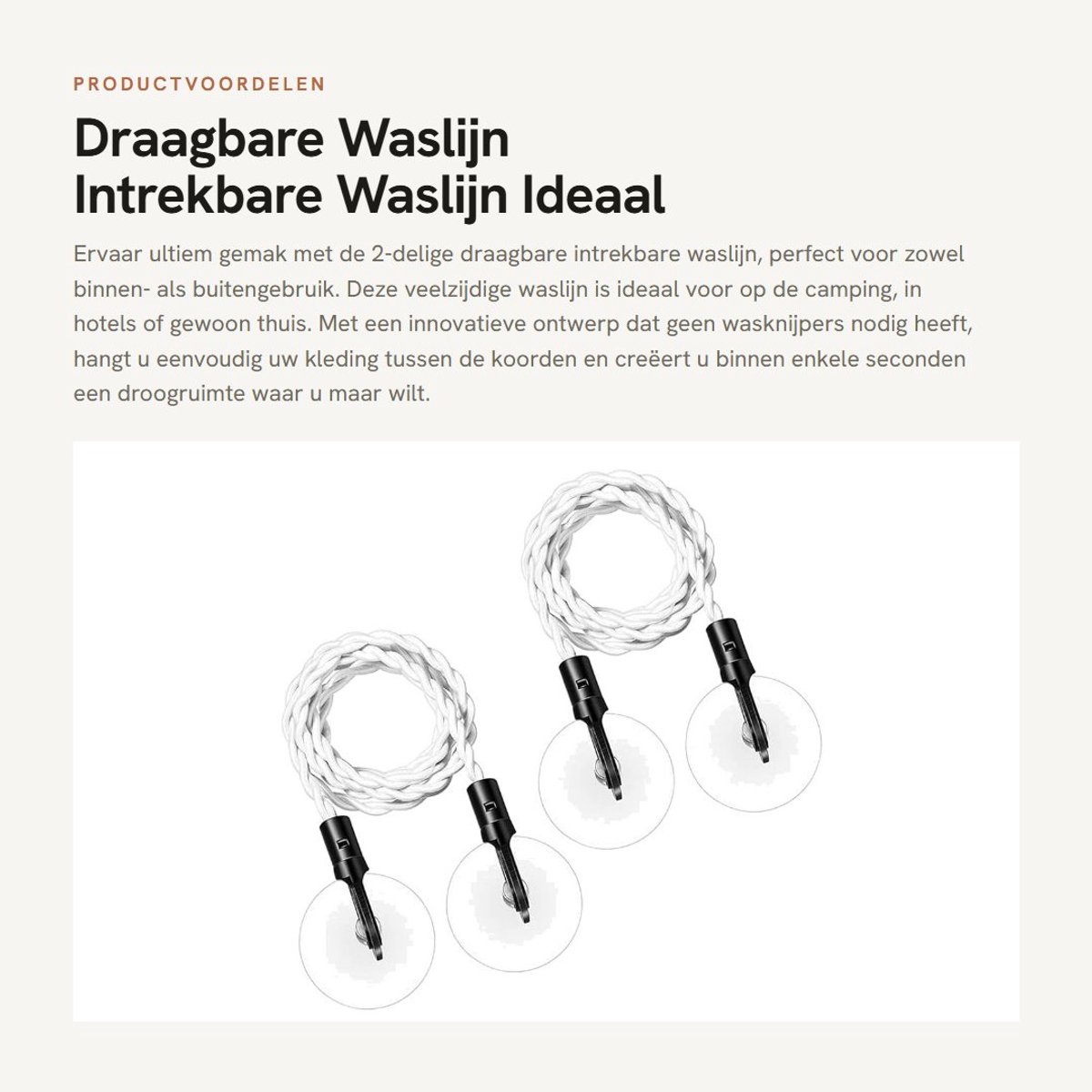 Dailygoods- Waslijn Intrekbaar - Draagbaar - Haken/Zuignappen - Campingaccessoires - Voor Binnen/Buiten - Rubberband - Drooglijn