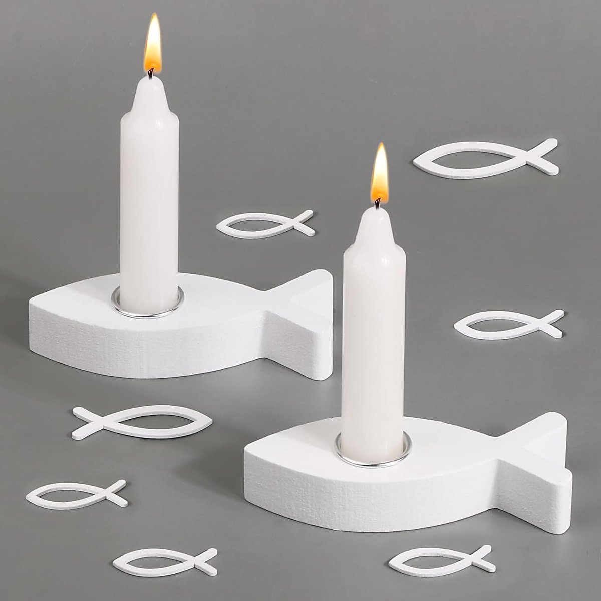 Set van 2 Houten Theelichthouders Vis - Wit Kaarsenhouder Decoratie met 30 Houten Visjes