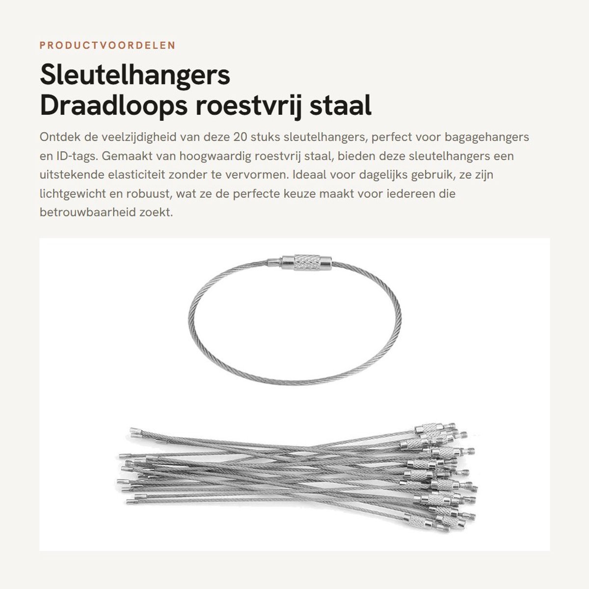 Dailygoods- Sleutelhangers 20 Stuks - Draadloops Roestvrij Staal - Schroefbeveiliging - Heavy Duty - Lichtgewicht - Duurzaam en Robuust - Sleutelring