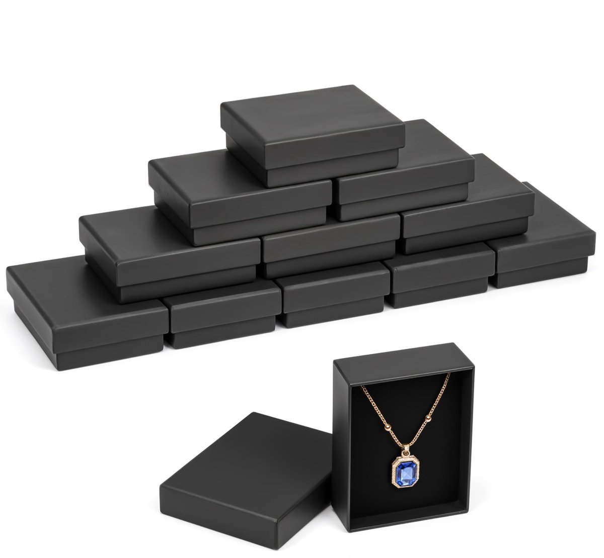 Dailygoods- Sieraden Display - 12 Geschenkdozen met Deksel - 9 x 7 x 3 cm - Mat Kartonnen Verpakking - Zwart Velours Inleg - Schuim Inleg voor Oorbellen/Kettingen/Armbanden/Ringen