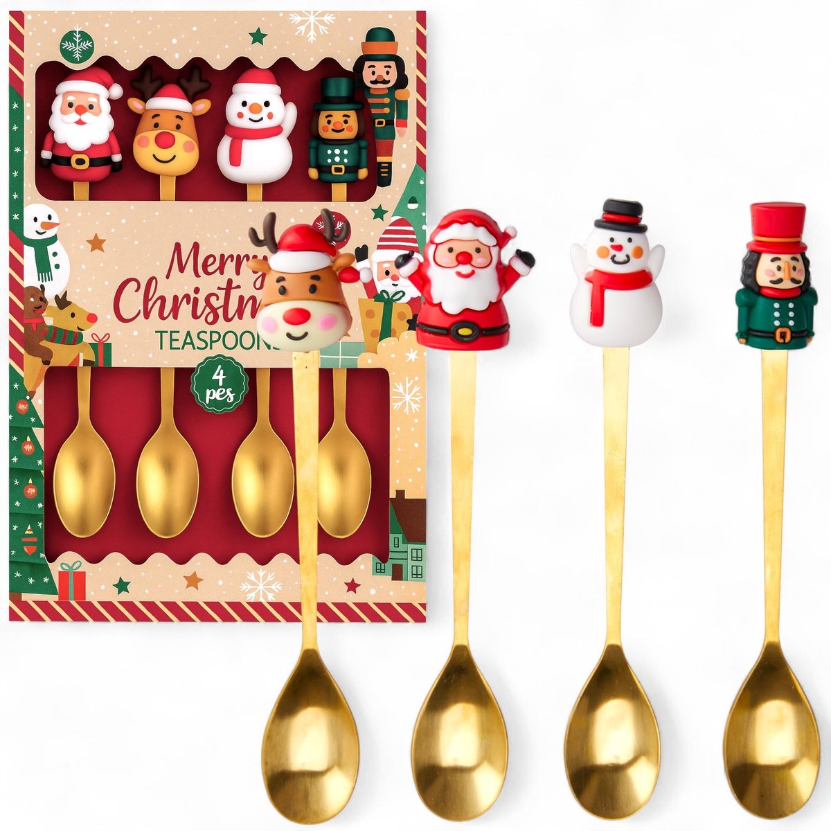 Dailygoods- Koffielepel 4-delige set - Feestelijke Motief Lepel - Roestvrij Staal Goud - Kerst Cadeauset - Nostalgische Figuren - Handgepolijst - Kerstlepel
