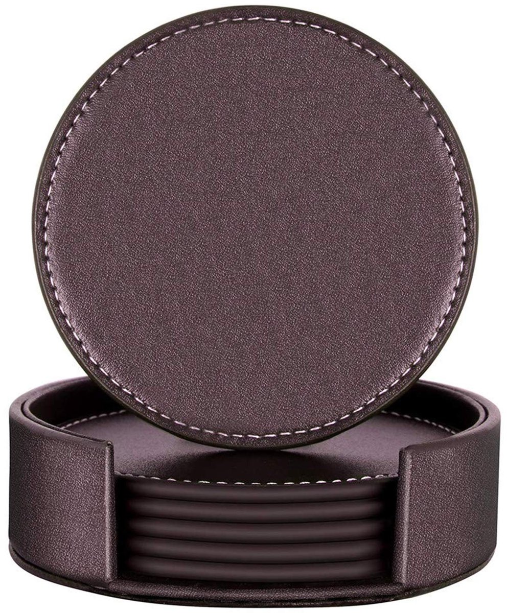 Dailygoods- Onderzetters Hittebestendig - Ronde Onderzetters - Onderzetters met Houder - Set van 6 - Kunstleer/Hout - Diameter 10 cm - Coasters