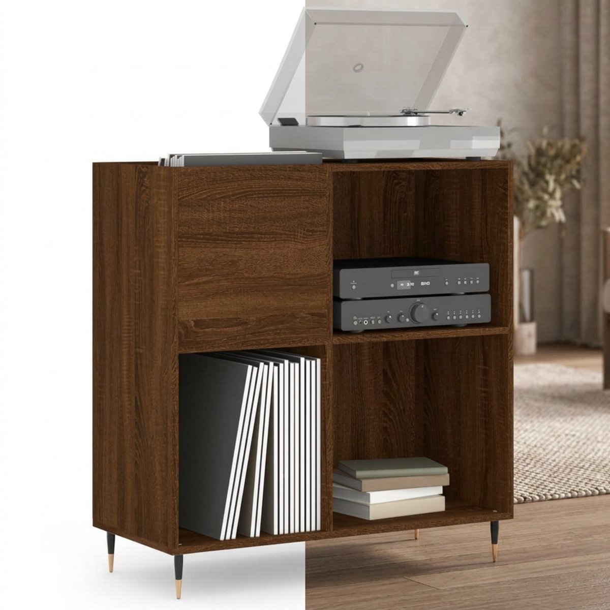 Platenspeler Meubel - LP-kast - Platenspelerkast - Draaitafelstandaard - Platenspelerstandaard - Vintage Displayplank - Bruineiken