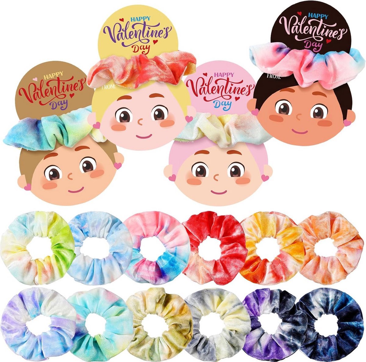 Haar Scrunchies Set - Tie Dye Elastiekjes - Cadeau Uitwisseling - Met Valentijnskaarten - 12 Stuks - Kleurverloop