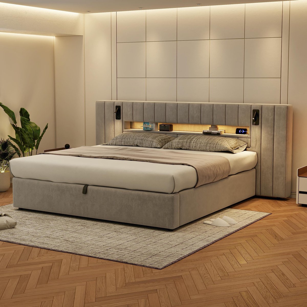 DESMIU Gestoffeerd Bed 180x200cm - Bed Met Usb-oplaadpoorten, Ledverlichting En Leeslamp - Opbergruimte Onder Bed - Grijs Fluweel - Zonder Matras