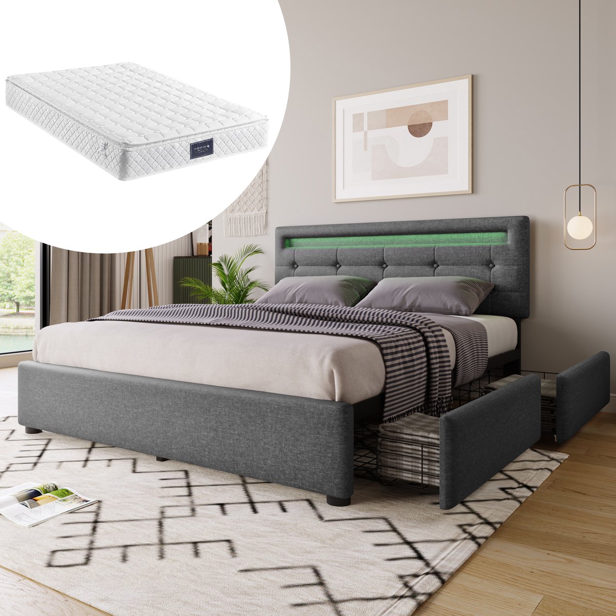 DESMIU Gestoffeerd Bed 140x200 cm – Bedframe Met Ledverlichting, Verstelbaar Hoofdbord En 4 Lades – Voor Slaapkamer – Linnen – Grijs – Met Matras