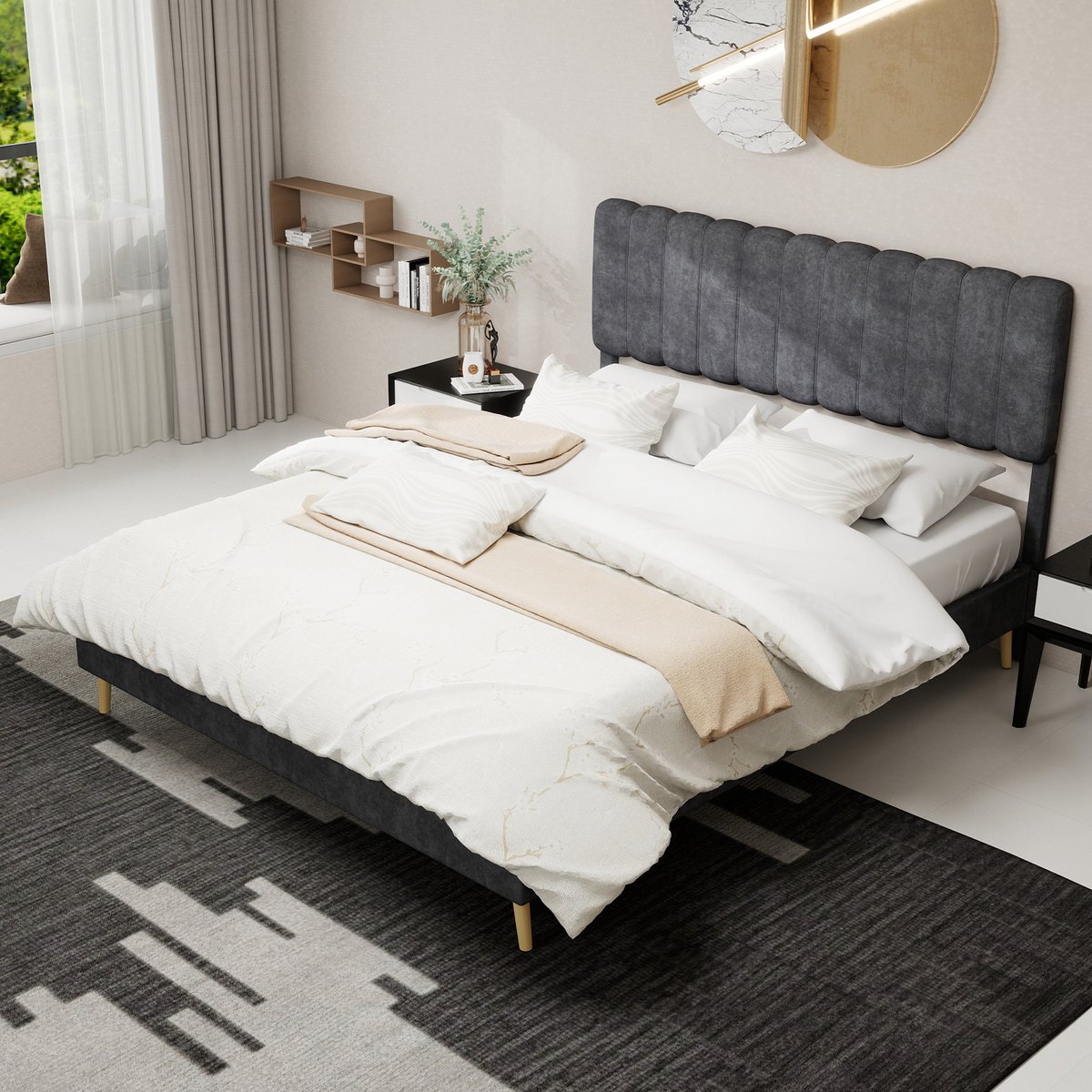 DESMIU Gestoffeerd Bed 160x200 cm - Comfortabel Hoofdbord Voor Ontspanning - Stevig Frame Zonder Opbergruimte - Voor Slaapkamer - Stof En Metaal - Zonder Matras - Grijs
