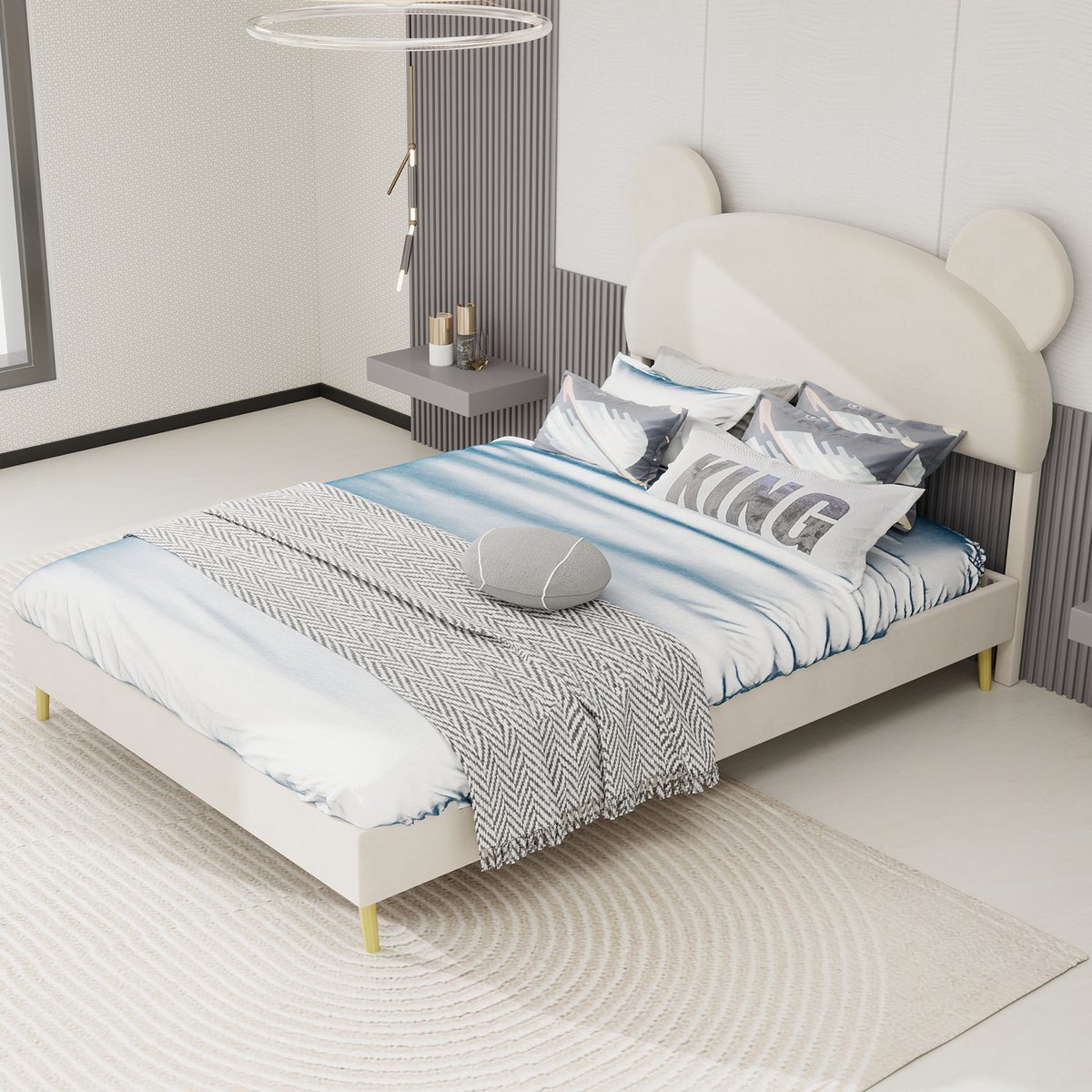 DESMIU Gestoffeerd Bed 140x200 cm – Met Pocketveringmatras – Zacht Berenoor-Hoofdbord – Kinderbed Voor Slaapkamer – Stof En Metaal – Beige – Met Matras