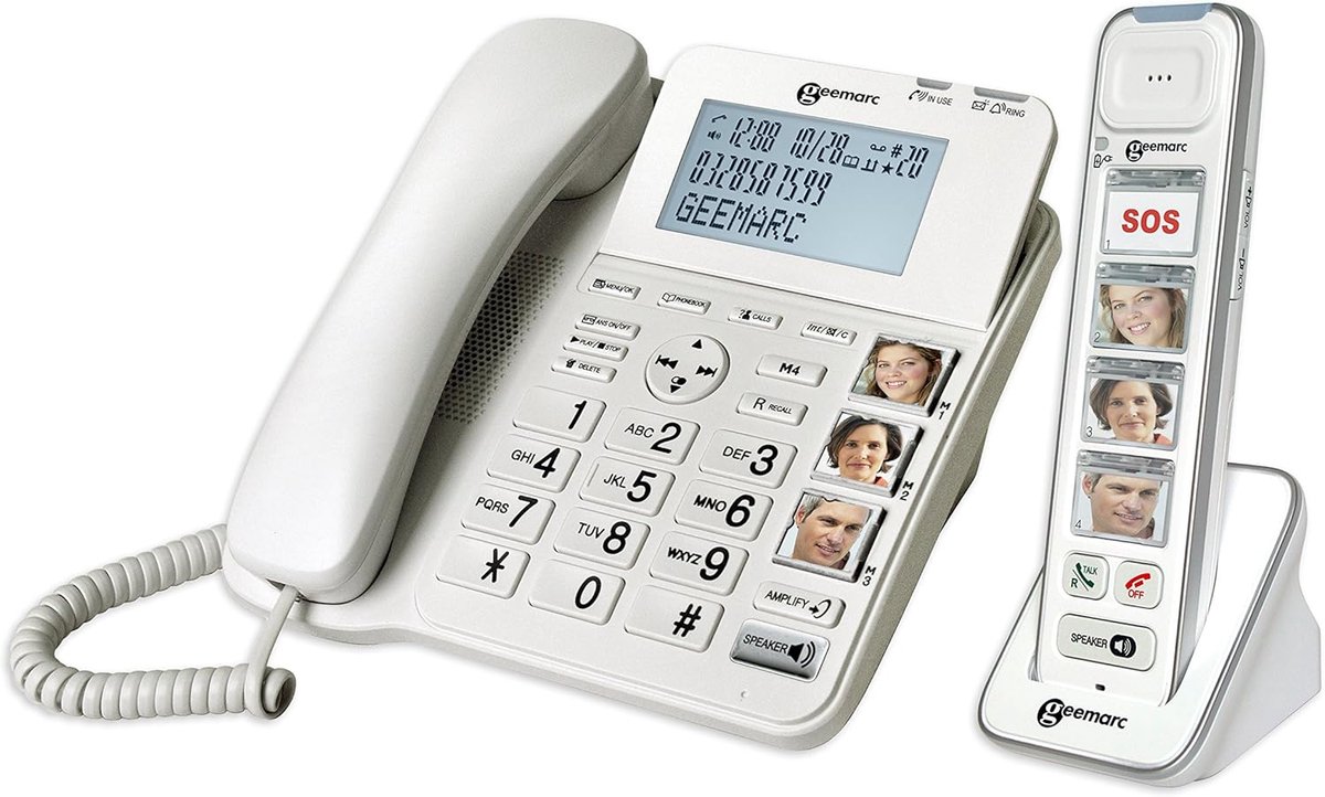 Telefoon met Extra Handset - Slechthorenden Telefoon - Duidelijk Bellen - Foto Sneltoetsen - 7 Geheugen toetsen - Wit