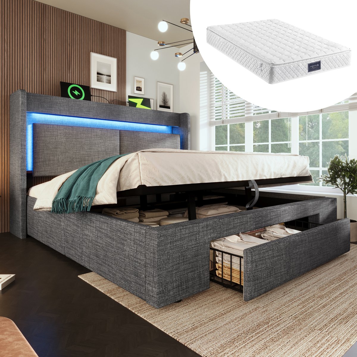 DESMIU Gestoffeerd Bed 160x200 Cm - Hydraulisch Opbergbed Met Hoofdbord En Oplaadfunctie - Bed Met Lade - Voor Slaapkamer - Linnen - Grijs - Met Matras