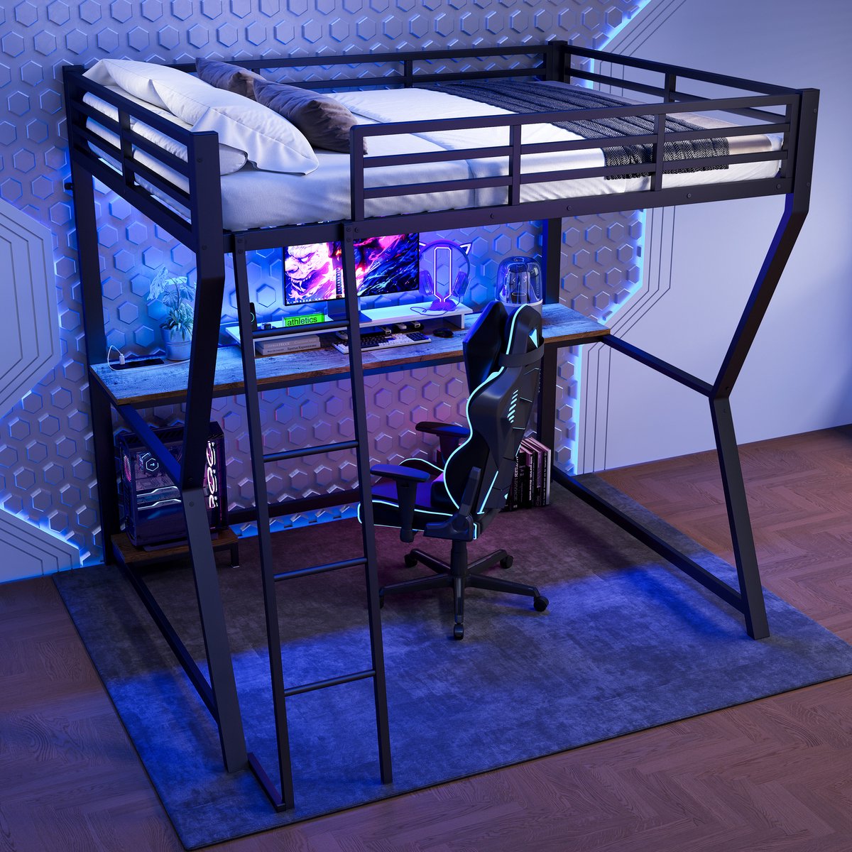 DESMIU Hoogslaper 140x200cm Met Ledverlichting En Stekker En Usb Onder Bed Met Bureau En Computerplank Voor Jeugd En Studeerkamer Metaal Zwart Zonder Matras
