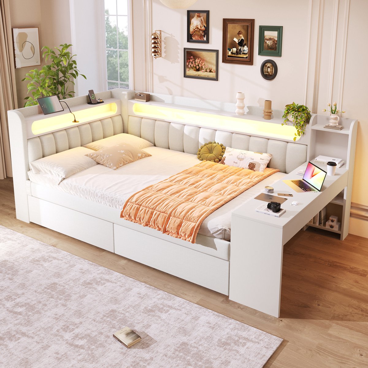 DESMIU Gestoffeerd Bed 140x200cm Met Ledverlichting En Usb Oplaadfunctie - Bed Met Bureau En 2 Lades - Voor Slaapkamer - Wit - Zonder Matras