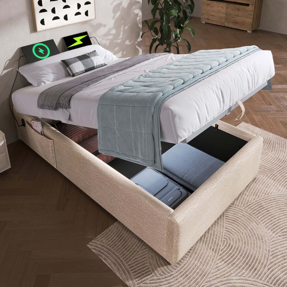 DESMIU Gestoffeerd Bed 90x200cm - Opbergbed Met Hydraulisch Opklapmechanisme En USB En Type C Oplaadfunctie - Voor Slaapkamer - Linnenstijl - Zonder Matras - Beige Natuurlijk