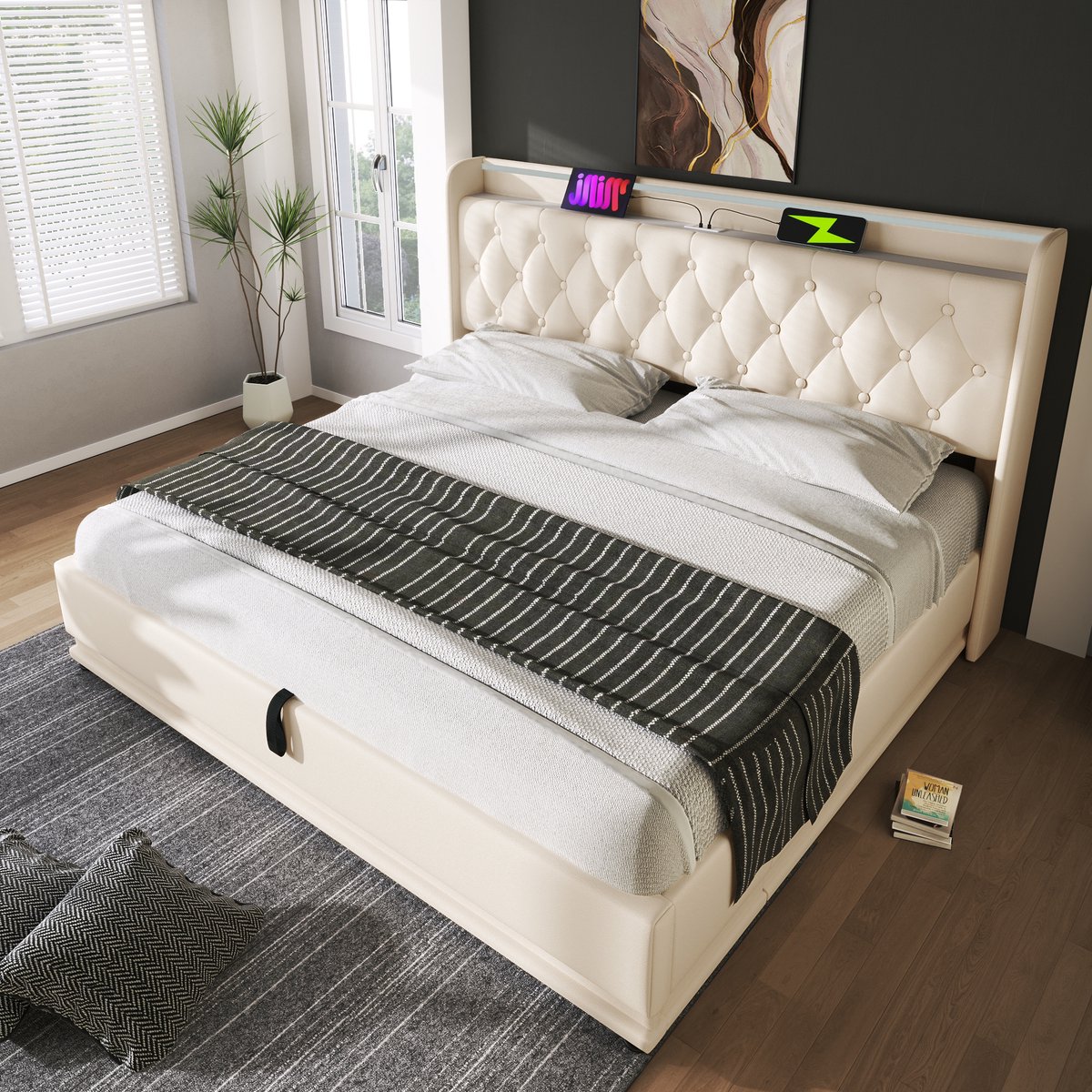 DESMIU Gestoffeerd Bed 160x200cm – Bed Met Matras En LED-Verlichting – Hydraulische Opbergruimte Onder Bed – Voor Slaapkamer – PU – Wit