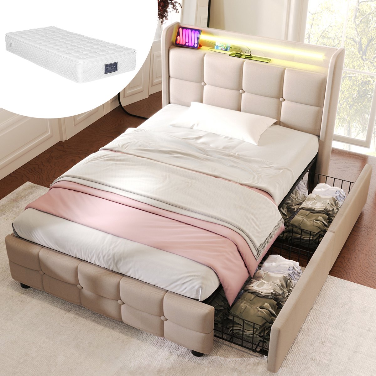 DESMIU Gestoffeerd Bed 90x200cm – Bed Met Oplaadfunctie En LED-Verlichting – Hoofdbord Met Opbergruimte En 2 Lades – Jeugd En Slaapkamer – Beige – Met Matras