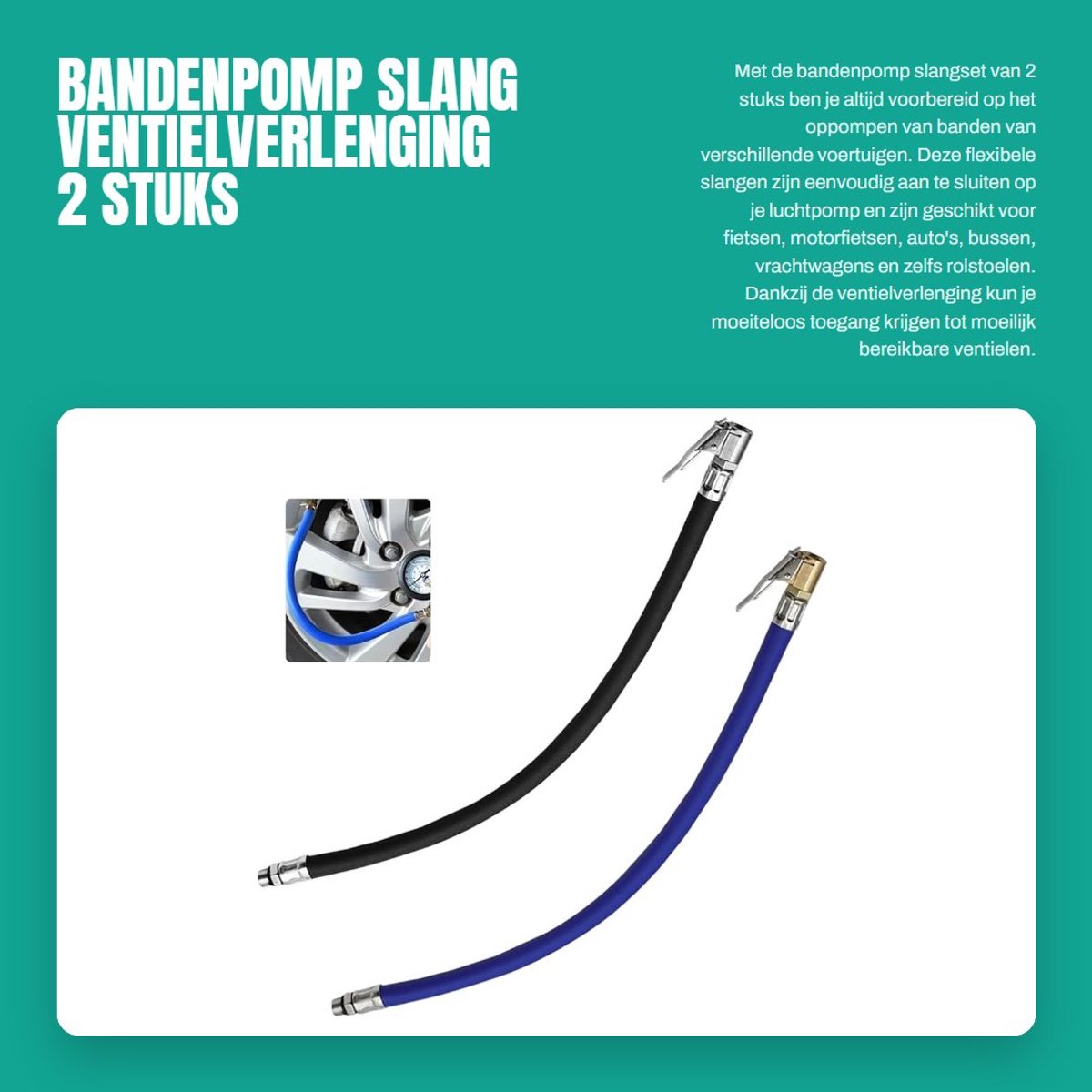 Dailygoods- Bandenpomp Slang - 2 Stuks - Ventielverlenging - Bandenvulslang - Voor Alle Banden - Zwart/Blauw - 36,5 cm/40,3 cm