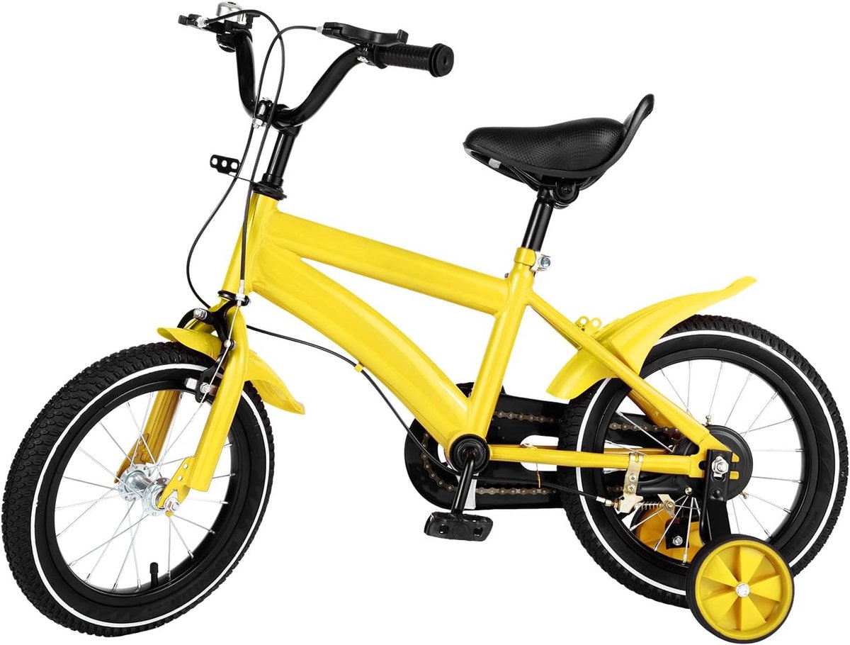 Kinderfiets - Jongensmeisjes fiets - Leren fietsen buiten - Verstelbaar zadel steunwielen - 14 inch - Geel