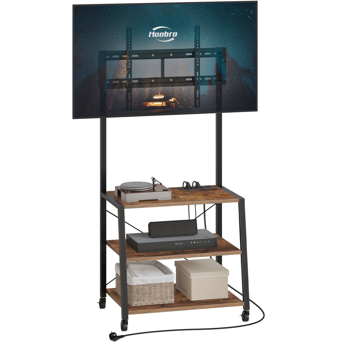 CINK Living® Verrijdbare TV Meubel met TV Beugel - TV Standaard op Wielen - TV Kast met Stopcontacten - Industrieel TV Rek 60 inch - 3 Laags Opbergrek