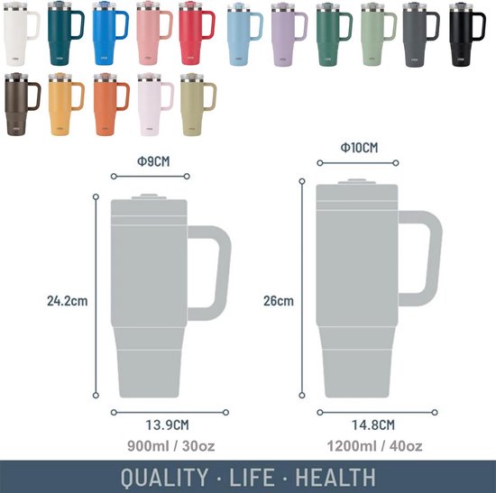 Reisbeker met Handvat - Drinkfles Thermos - Warme Dranken Koude Dranken - Lekvrij Met Rietje - 1200ml Inhoud - Mat — afbeelding 3